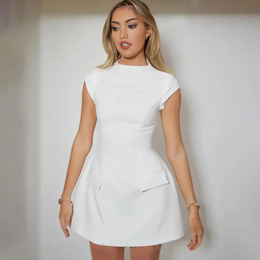 RNSHANGER Summer Mini Elegant Party Dresses for Woman Casual O-neck Short Sleeve A-line Frock Office Lady Chic Short Dress