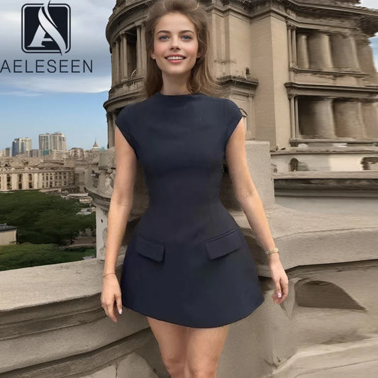 AELESEEN 2025 Spring Summer Women Casual Dress Short Sleeve High Waist Solid Red Black White Patchwork Office Ladies MIni