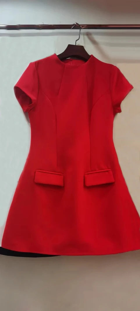 AELESEEN 2025 Spring Summer Women Casual Dress Short Sleeve High Waist Solid Red Black White Patchwork Office Ladies MIni