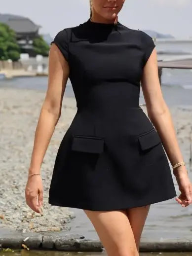 2025 Summer New European and American Women's Solid Color Round Neck Pocket Design Sexy Dress