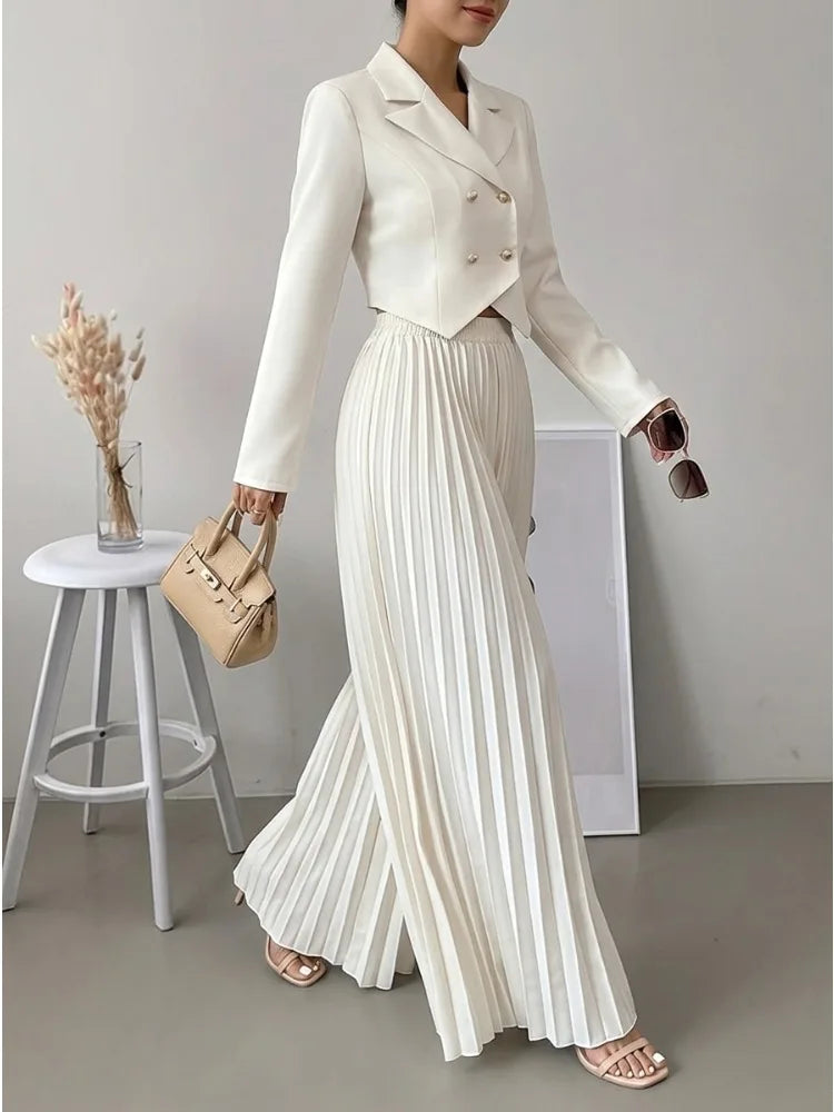 Missuoo Women‘s High Waist Elastic Waist Pleated Wide Leg Pants 2026 Summer Solid White Flowy Floor Length Palazzo Trousers