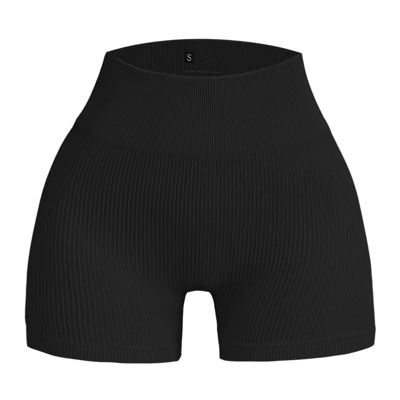 High-waisted Yoga Pant For Women, Designed To Lift And Shape, Tight-fitting With Solid Color And Ribbed Texture, Sports Shorts