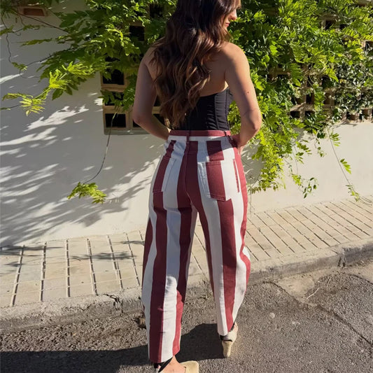 MUJER Striped Denim Jeans for Women High Waist Mom Jeans Pants Woman Summer Baggy Jeans Woman Streetwear Casual Women's Jeans