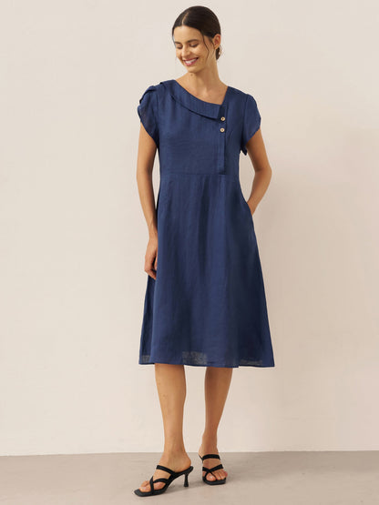 100% Linen Crescent Collar Flutter Sleeve Mini Dress FIONA