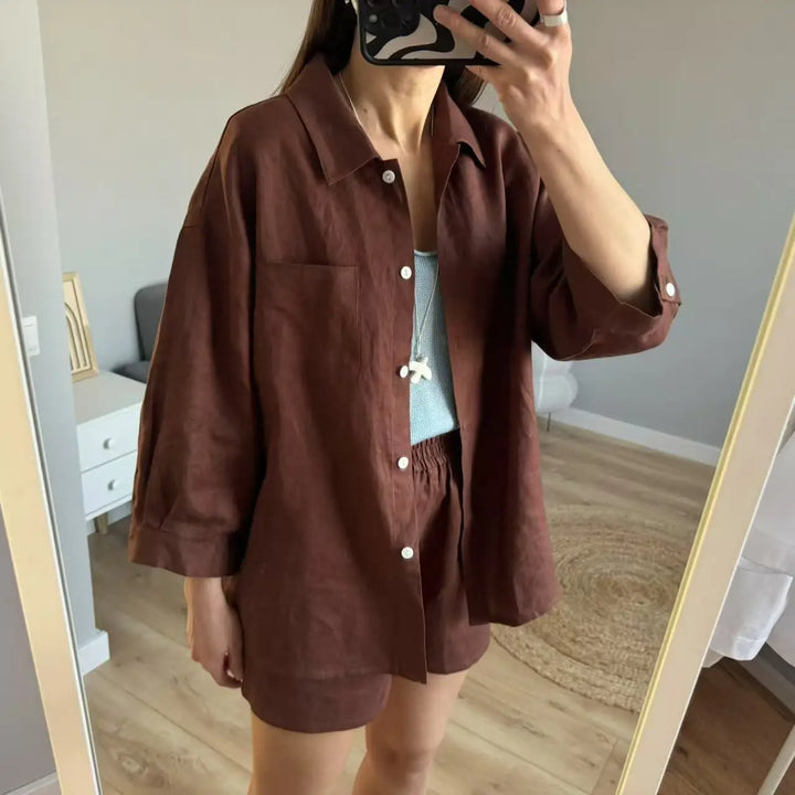 Women 2025 Summer Casual Linen Blouse Shorts Sets