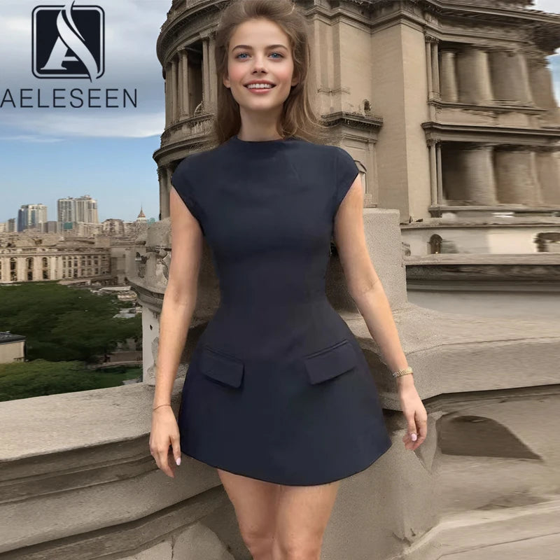 AELESEEN 2025 Spring Summer Women Casual Dress Short Sleeve High Waist Solid Red Black White Patchwork Office Ladies MIni