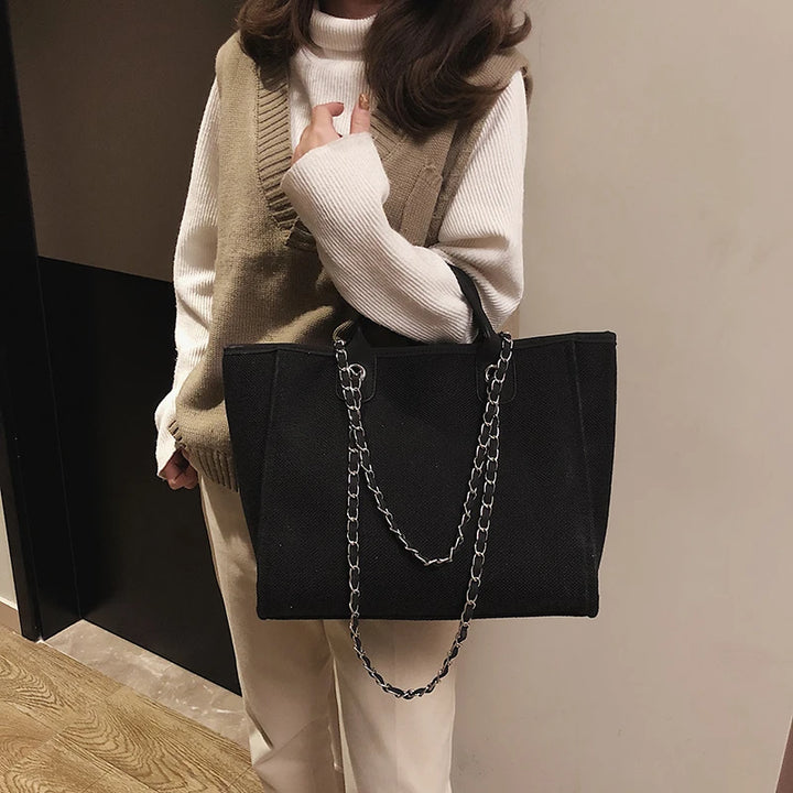 Women Tote Bags Fashion Canvas Large Capacity Handbag Casual Chains Shoulder Bags Ladies Big Messenger Bag Shopping Bag
