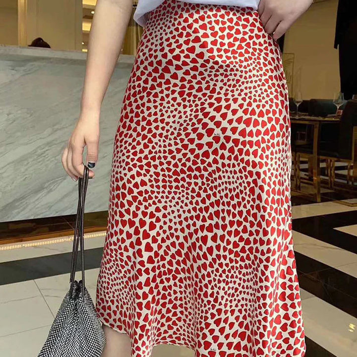 Klacwaya New Girls Silk Pencil Skirts Women Fashion Heart Print High Waist Slim Skirt Ladies Chic Red Leopard Boho Mermaid Skirt
