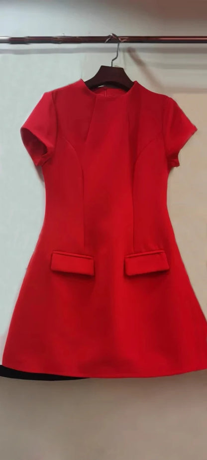 AELESEEN 2025 Spring Summer Women Casual Dress Short Sleeve High Waist Solid Red Black White Patchwork Office Ladies MIni