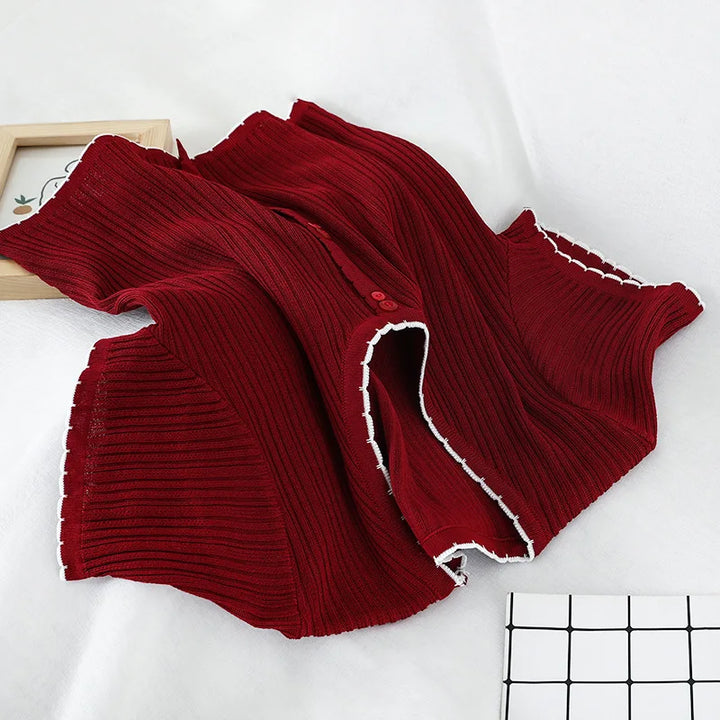 V-neck Single Breasted Summer Short Sleeve Knitting Shirt Women&