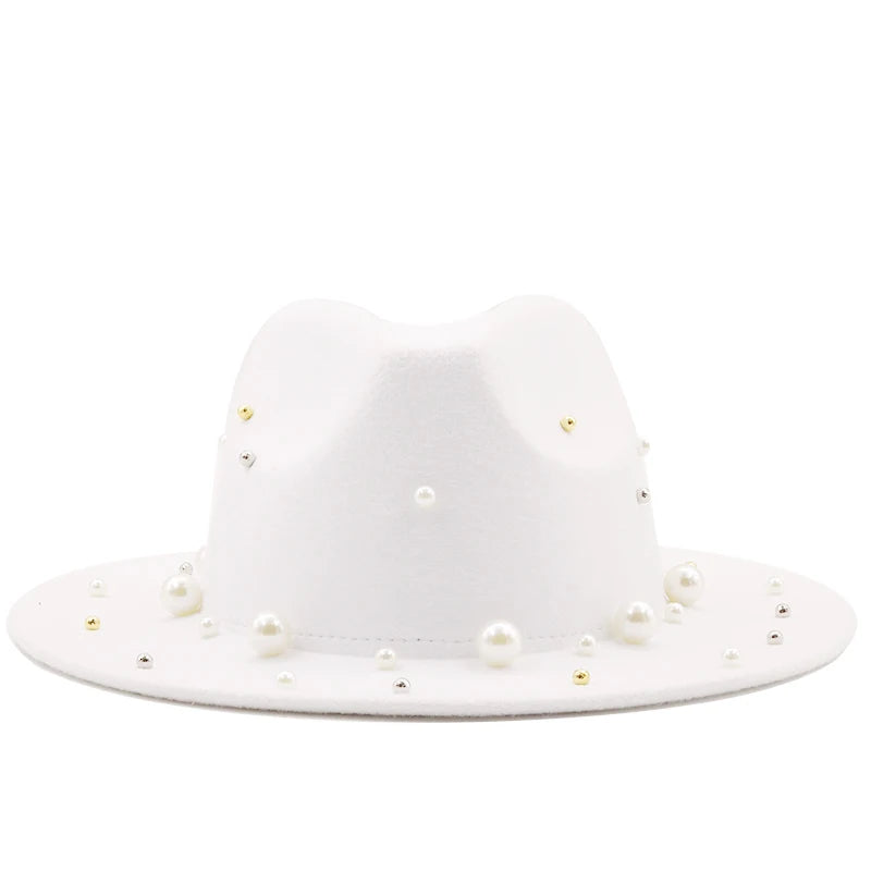 New Women Men Wool Fedora Hat With Big Pearl  Gentleman Elegant Lady Winter Autumn Wide Brim Church Panama Sombrero Jazz Cap