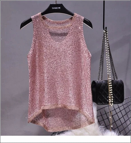 Tops Women 2024  Womens Fashion  Korean Tank Top  Heart Cut Out Top Sexy Hollow Out Bright Piece of Knitting Condole Belt Vest
