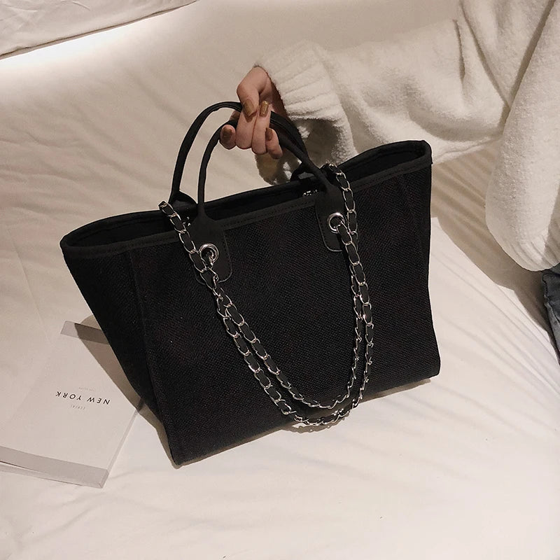 Women Tote Bags Fashion Canvas Large Capacity Handbag Casual Chains Shoulder Bags Ladies Big Messenger Bag Shopping Bag