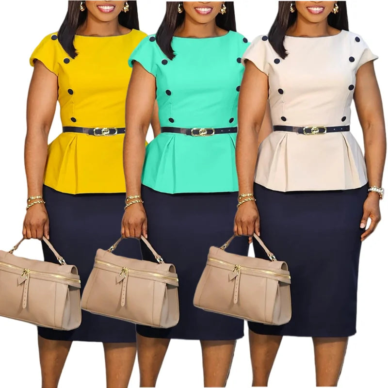C8635 Trendy Summer Dress Women Casual Elegant Short Sleeve Color Block Office Lady Career Dress African Dresses for Women