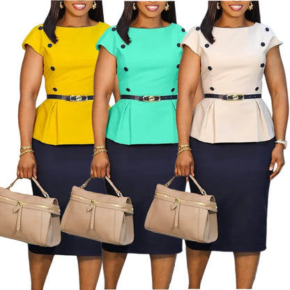 C8635 Trendy Summer Dress Women Casual Elegant Short Sleeve Color Block Office Lady Career Dress African Dresses for Women
