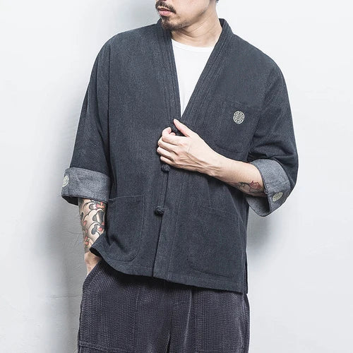 Mens Denim Shirts  Summer Men Casual Cardigan Male Chinese Style Shirt Three Quarter Streetwear Open Stitch Shirts Men Dress