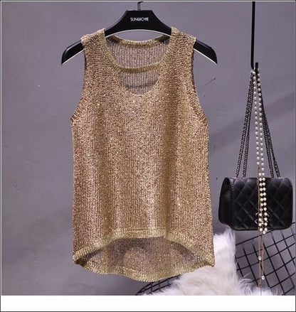 Tops Women 2024  Womens Fashion  Korean Tank Top  Heart Cut Out Top Sexy Hollow Out Bright Piece of Knitting Condole Belt Vest