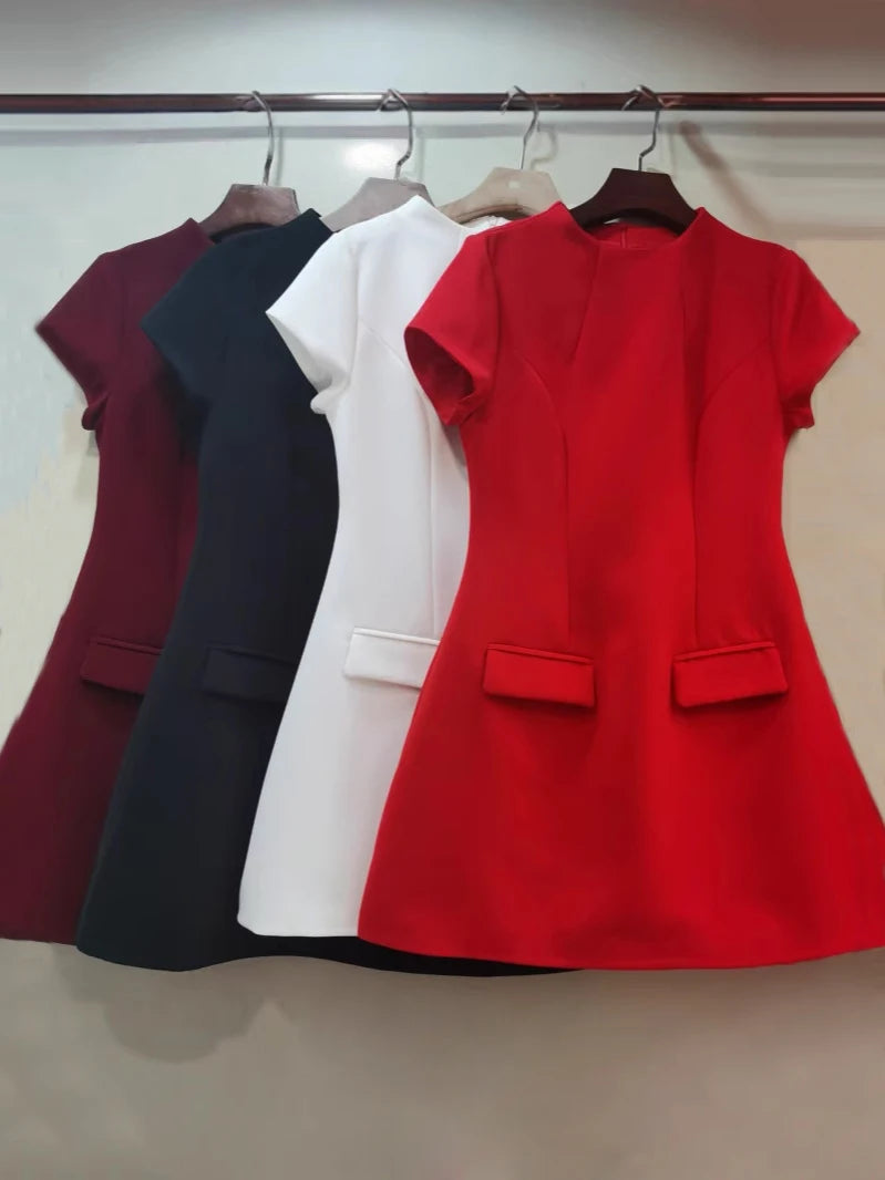 AELESEEN 2025 Spring Summer Women Casual Dress Short Sleeve High Waist Solid Red Black White Patchwork Office Ladies MIni