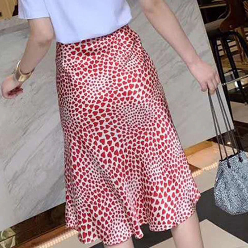 Klacwaya New Girls Silk Pencil Skirts Women Fashion Heart Print High Waist Slim Skirt Ladies Chic Red Leopard Boho Mermaid Skirt