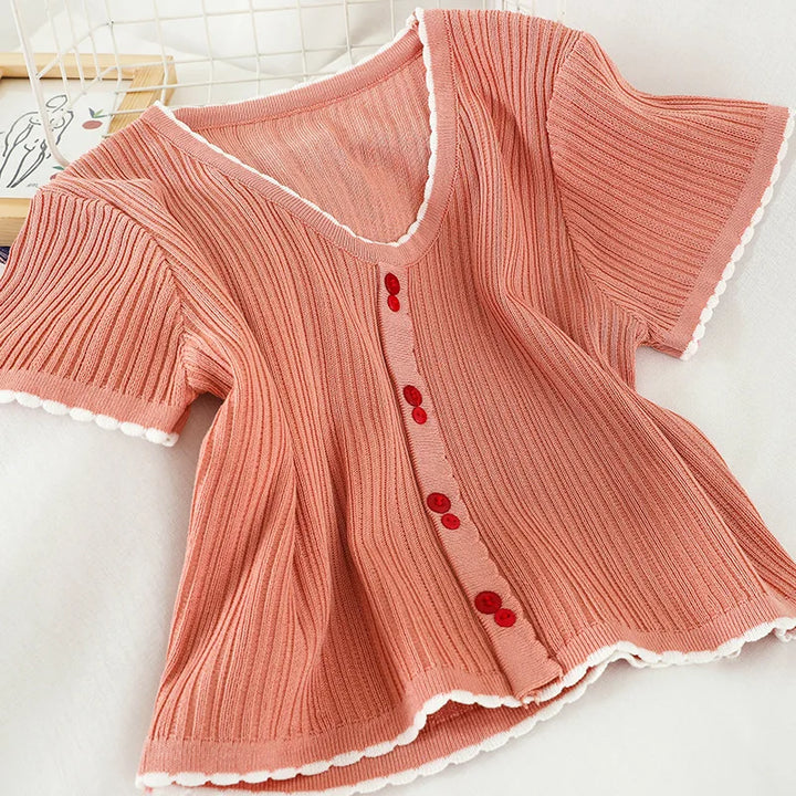 V-neck Single Breasted Summer Short Sleeve Knitting Shirt Women&