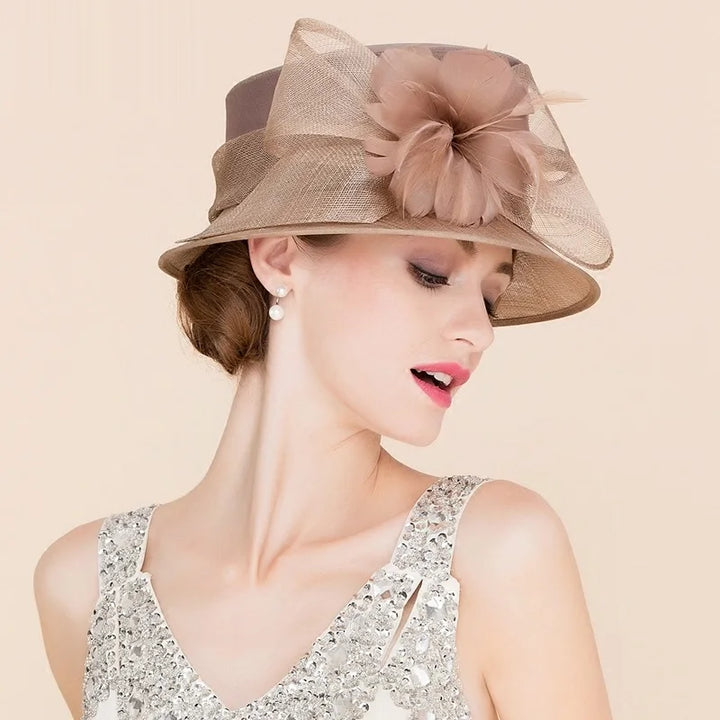 Women Elegant Linen Wedding Hats Wide Brim Women Brown Summer Floral Cap Feather Kentucky Derby Ladies Formal Fedora Cap B-8147