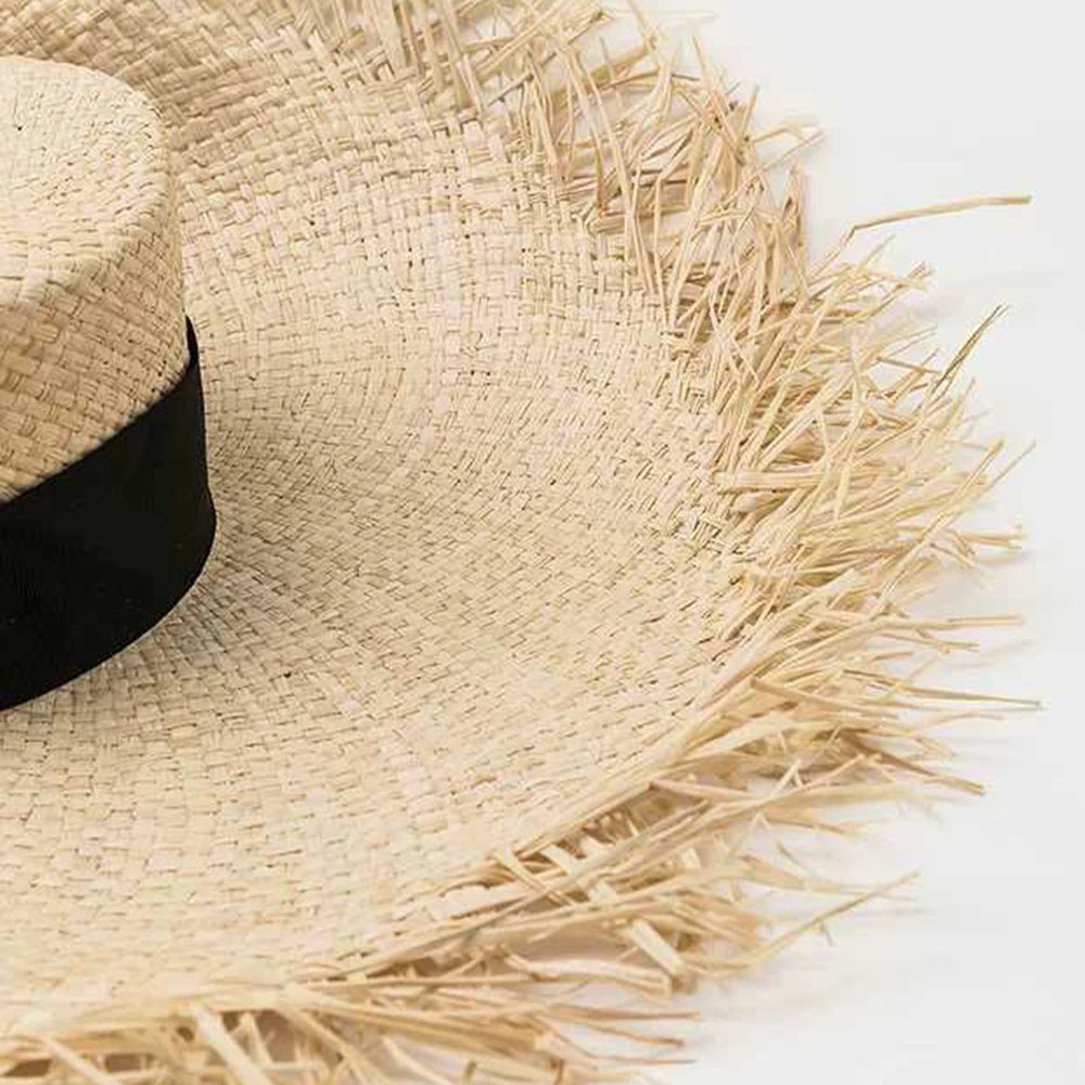 Raffia Hat Unisex Fringed Straw Hat Large Wide Brim Sun Hat Visor for women Man Band Beach Cap Summer UV Hat Visor Hat Foldable