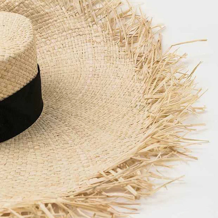 Raffia Hat Unisex Fringed Straw Hat Large Wide Brim Sun Hat Visor for women Man Band Beach Cap Summer UV Hat Visor Hat Foldable