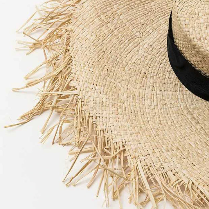 Raffia Hat Unisex Fringed Straw Hat Large Wide Brim Sun Hat Visor for women Man Band Beach Cap Summer UV Hat Visor Hat Foldable