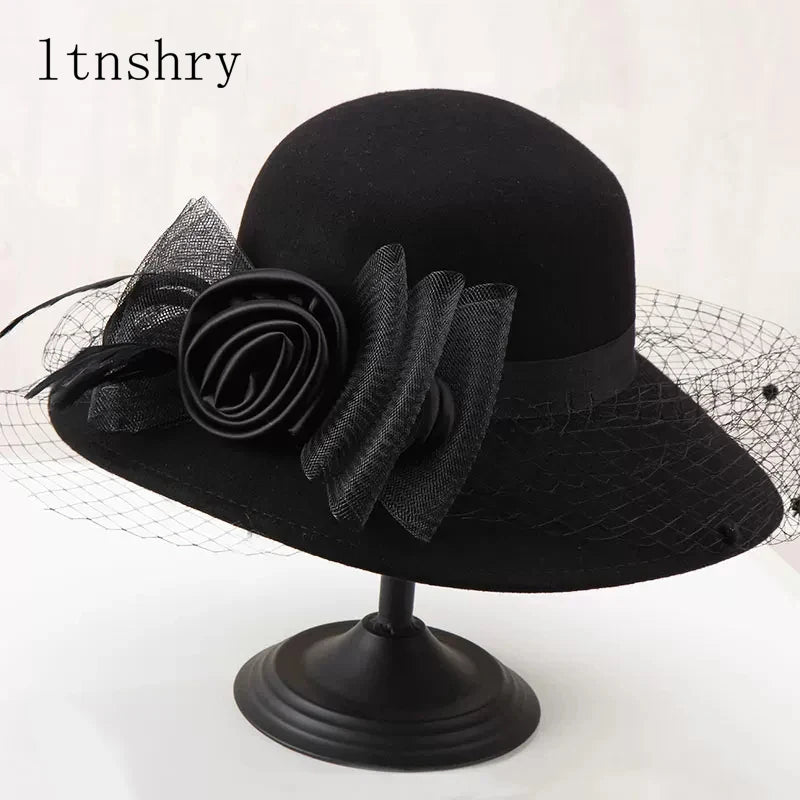 Elegant Women Wool Felt Fedora Wide Brim Hat Cloche Bowler Autumn Winter Church Hats Chapeau Femme Caps Wine Red Black