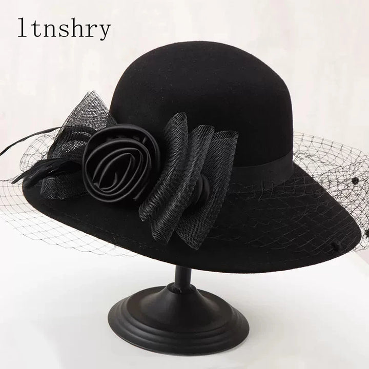 Elegant Women Wool Felt Fedora Wide Brim Hat Cloche Bowler Autumn Winter Church Hats Chapeau Femme Caps Wine Red Black