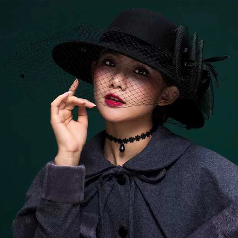 Elegant Women Wool Felt Fedora Wide Brim Hat Cloche Bowler Autumn Winter Church Hats Chapeau Femme Caps Wine Red Black