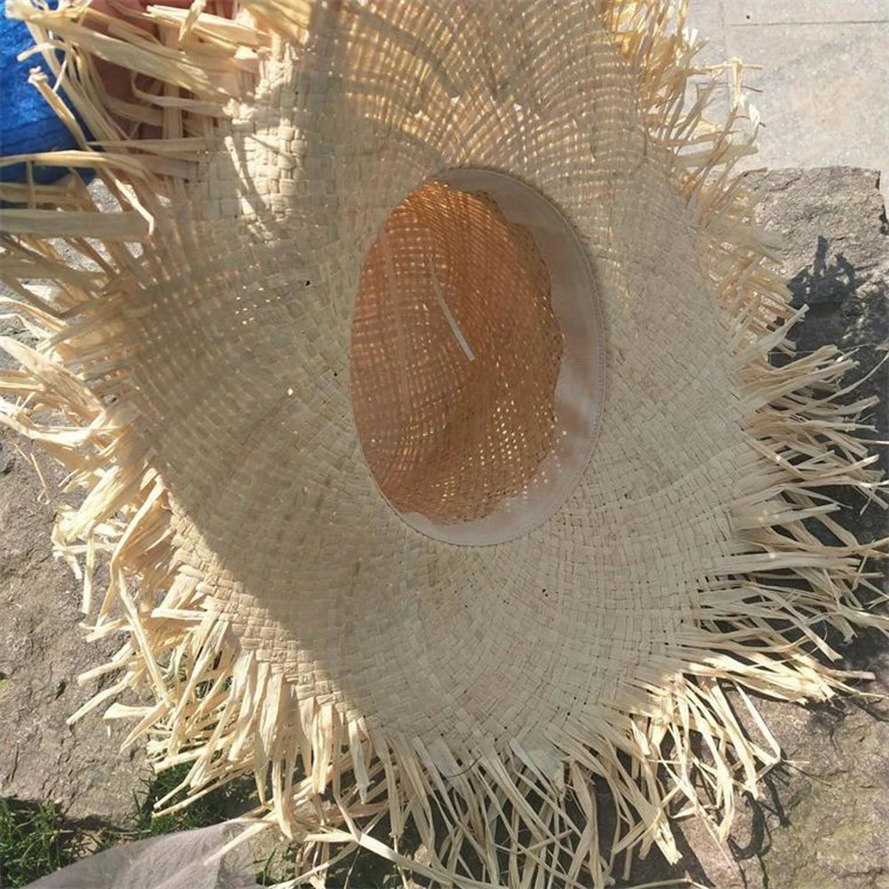 Raffia Hat Unisex Fringed Straw Hat Large Wide Brim Sun Hat Visor for women Man Band Beach Cap Summer UV Hat Visor Hat Foldable
