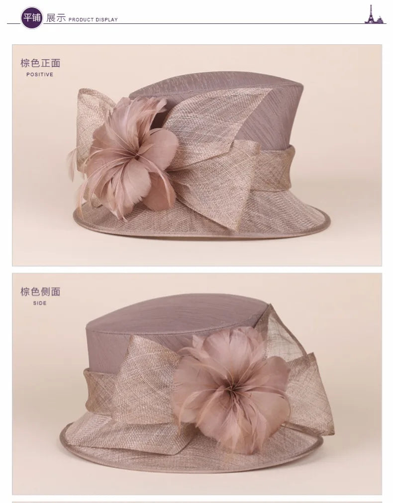 Women Elegant Linen Wedding Hats Wide Brim Women Brown Summer Floral Cap Feather Kentucky Derby Ladies Formal Fedora Cap B-8147
