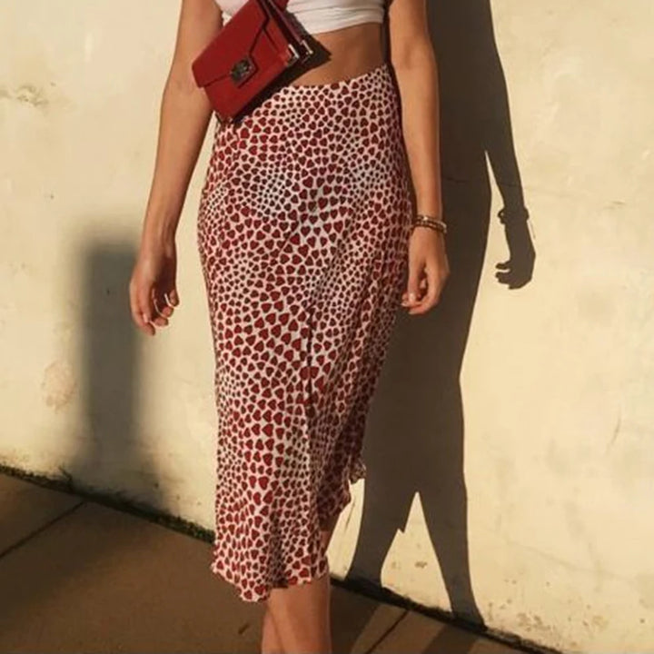Klacwaya New Girls Silk Pencil Skirts Women Fashion Heart Print High Waist Slim Skirt Ladies Chic Red Leopard Boho Mermaid Skirt