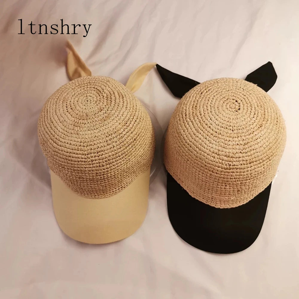 New Women Baseball Caps Handmade Knitting Crochet Peaked Cap Female Equestrian Hat Summer Sun Hat Adjustable Breathable