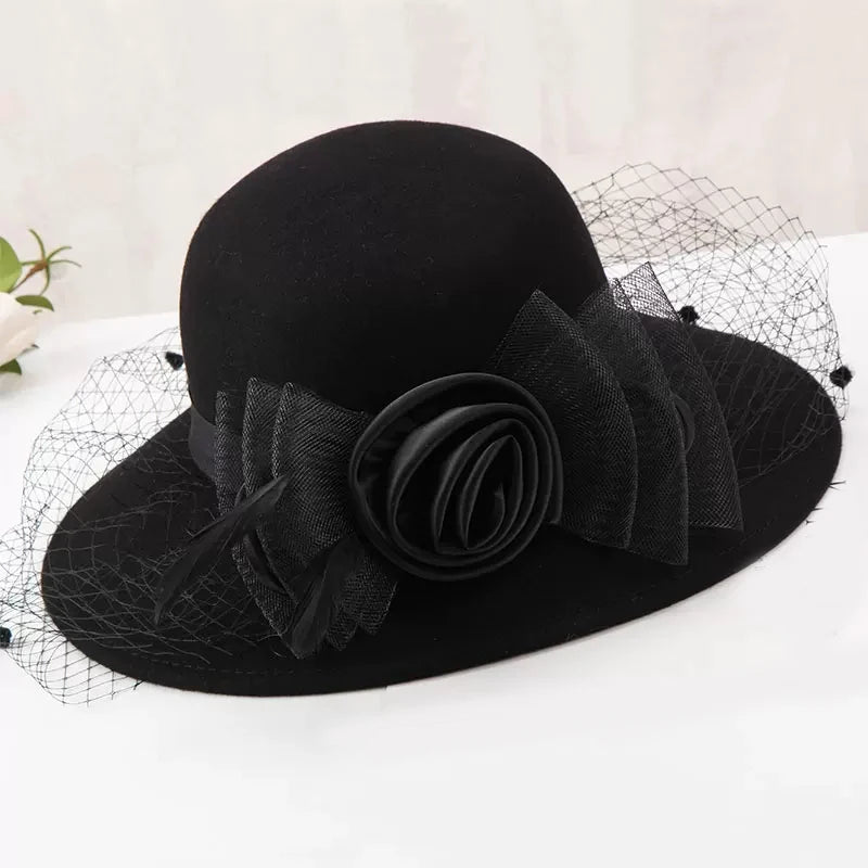 Elegant Women Wool Felt Fedora Wide Brim Hat Cloche Bowler Autumn Winter Church Hats Chapeau Femme Caps Wine Red Black