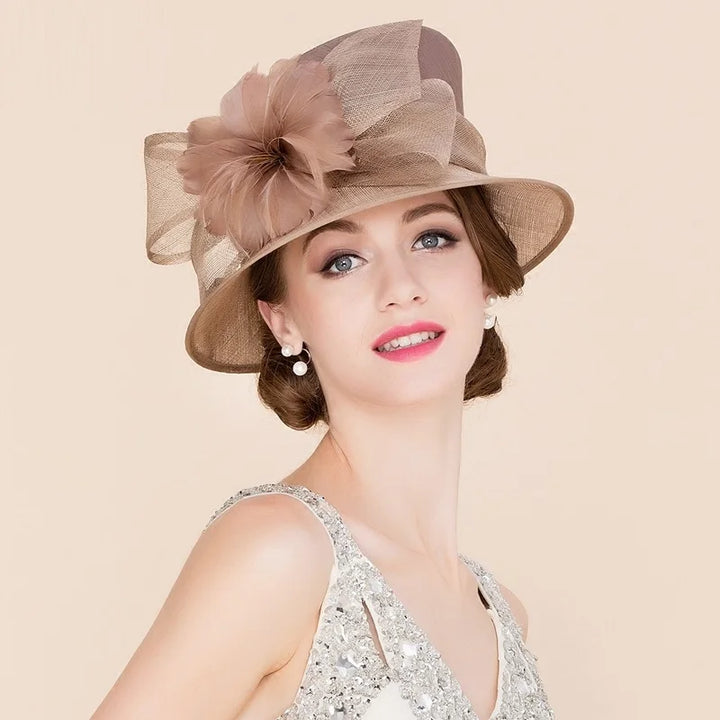 Women Elegant Linen Wedding Hats Wide Brim Women Brown Summer Floral Cap Feather Kentucky Derby Ladies Formal Fedora Cap B-8147