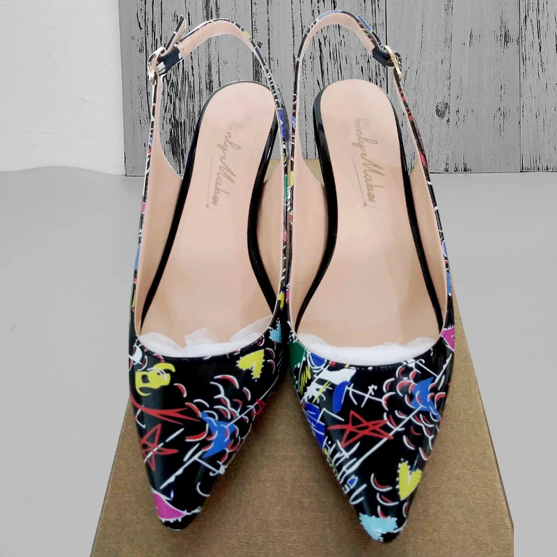 Onlymaker Women Pointed Toe Slingback Sandals Ankle Strap Kitten Heels Party Wedding Graffiti Shoes 6.5CM Pumps