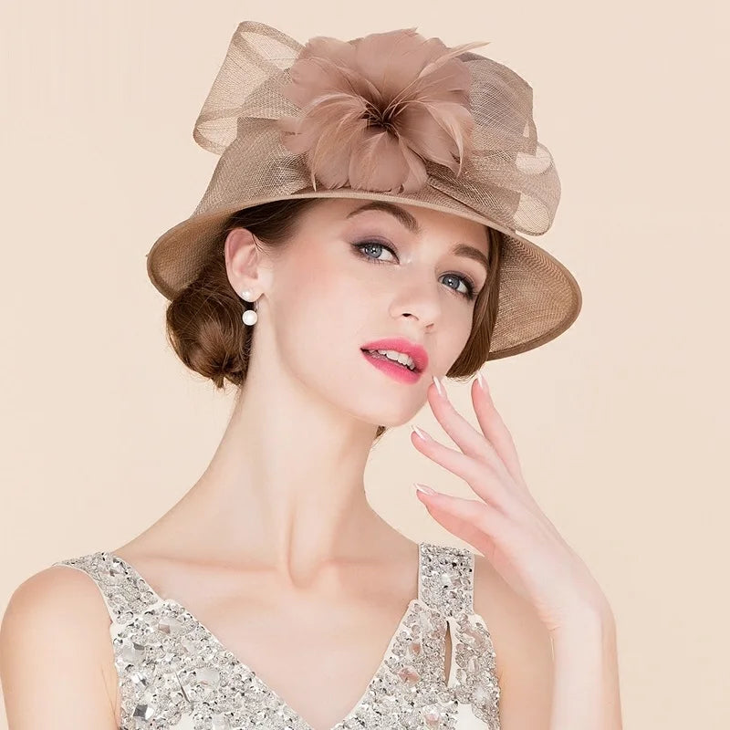 Women Elegant Linen Wedding Hats Wide Brim Women Brown Summer Floral Cap Feather Kentucky Derby Ladies Formal Fedora Cap B-8147