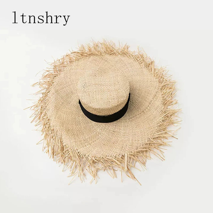 Raffia Hat Unisex Fringed Straw Hat Large Wide Brim Sun Hat Visor for women Man Band Beach Cap Summer UV Hat Visor Hat Foldable