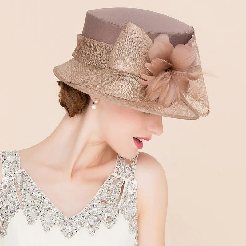 Women Elegant Linen Wedding Hats Wide Brim Women Brown Summer Floral Cap Feather Kentucky Derby Ladies Formal Fedora Cap B-8147