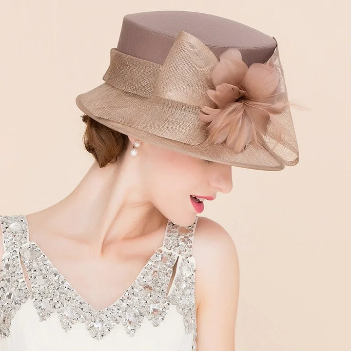 Women Elegant Linen Wedding Hats Wide Brim Women Brown Summer Floral Cap Feather Kentucky Derby Ladies Formal Fedora Cap B-8147