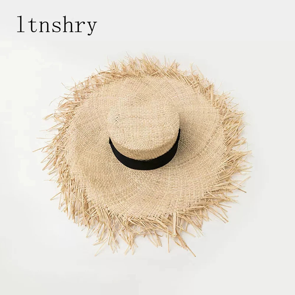 Raffia Hat Unisex Fringed Straw Hat Large Wide Brim Sun Hat Visor for women Man Band Beach Cap Summer UV Hat Visor Hat Foldable