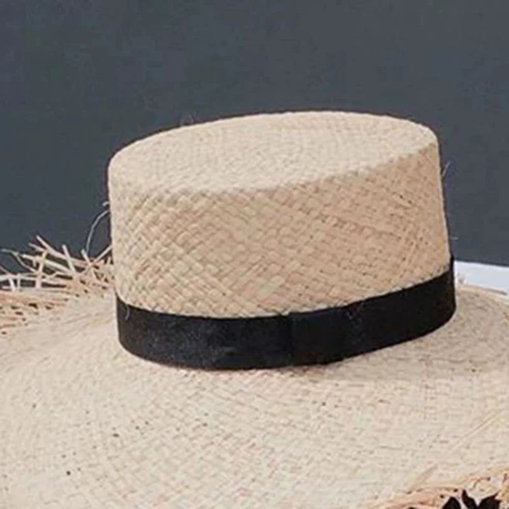 Raffia Hat Unisex Fringed Straw Hat Large Wide Brim Sun Hat Visor for women Man Band Beach Cap Summer UV Hat Visor Hat Foldable
