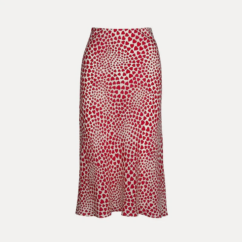 Klacwaya New Girls Silk Pencil Skirts Women Fashion Heart Print High Waist Slim Skirt Ladies Chic Red Leopard Boho Mermaid Skirt