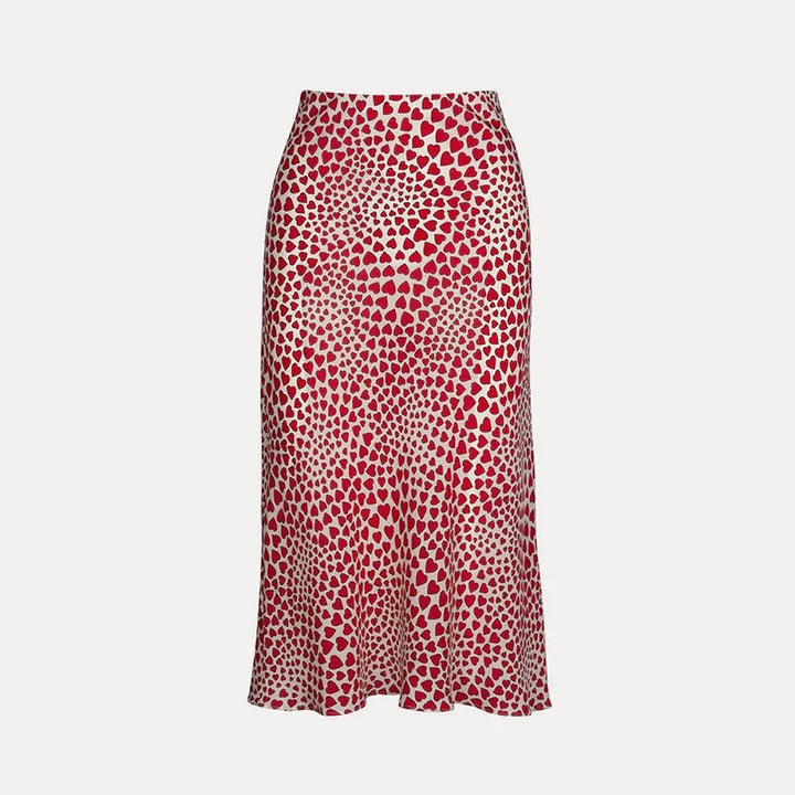 Klacwaya New Girls Silk Pencil Skirts Women Fashion Heart Print High Waist Slim Skirt Ladies Chic Red Leopard Boho Mermaid Skirt