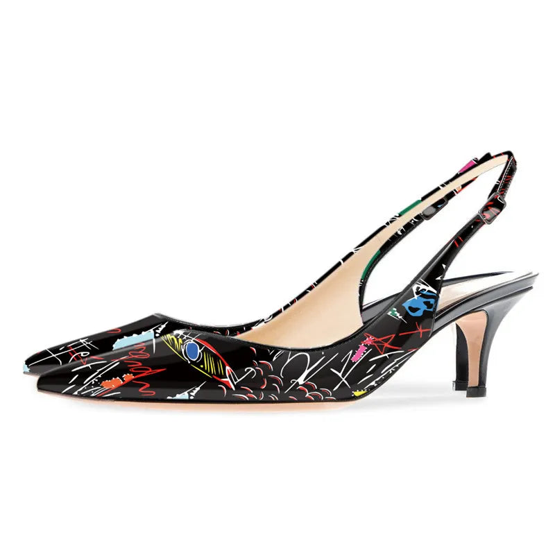 Onlymaker Women Pointed Toe Slingback Sandals Ankle Strap Kitten Heels Party Wedding Graffiti Shoes 6.5CM Pumps