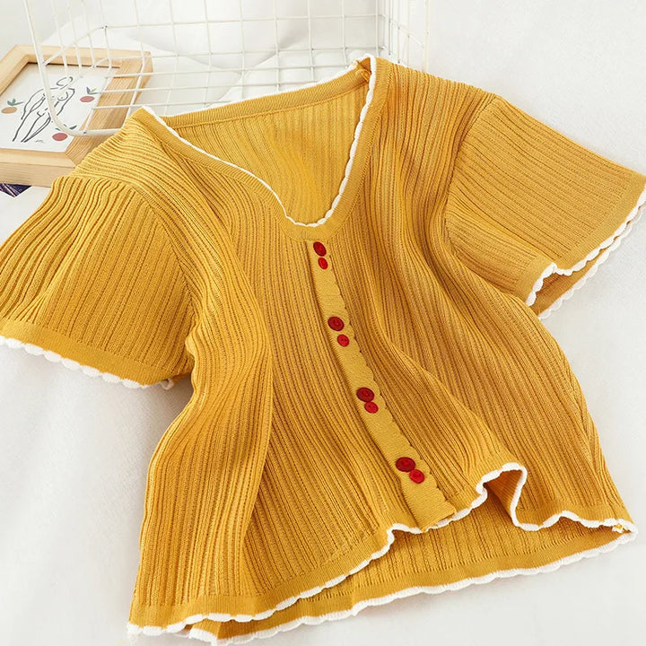 V-neck Single Breasted Summer Short Sleeve Knitting Shirt Women&