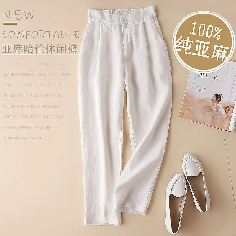 Women Linen Pants Summer New Casual High Waist Cotton Linen Pants Female Casual Loose Draped Cropped Straight Harem Trousers