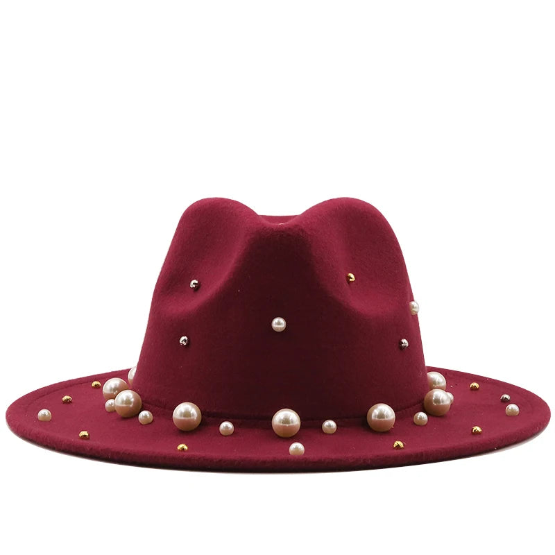 New Women Men Wool Fedora Hat With Big Pearl  Gentleman Elegant Lady Winter Autumn Wide Brim Church Panama Sombrero Jazz Cap